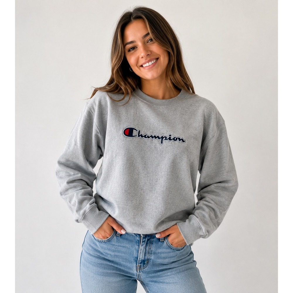 Champion Reverse Weave Sweatshirt Gray Embroidered Script Logo Pullover XL